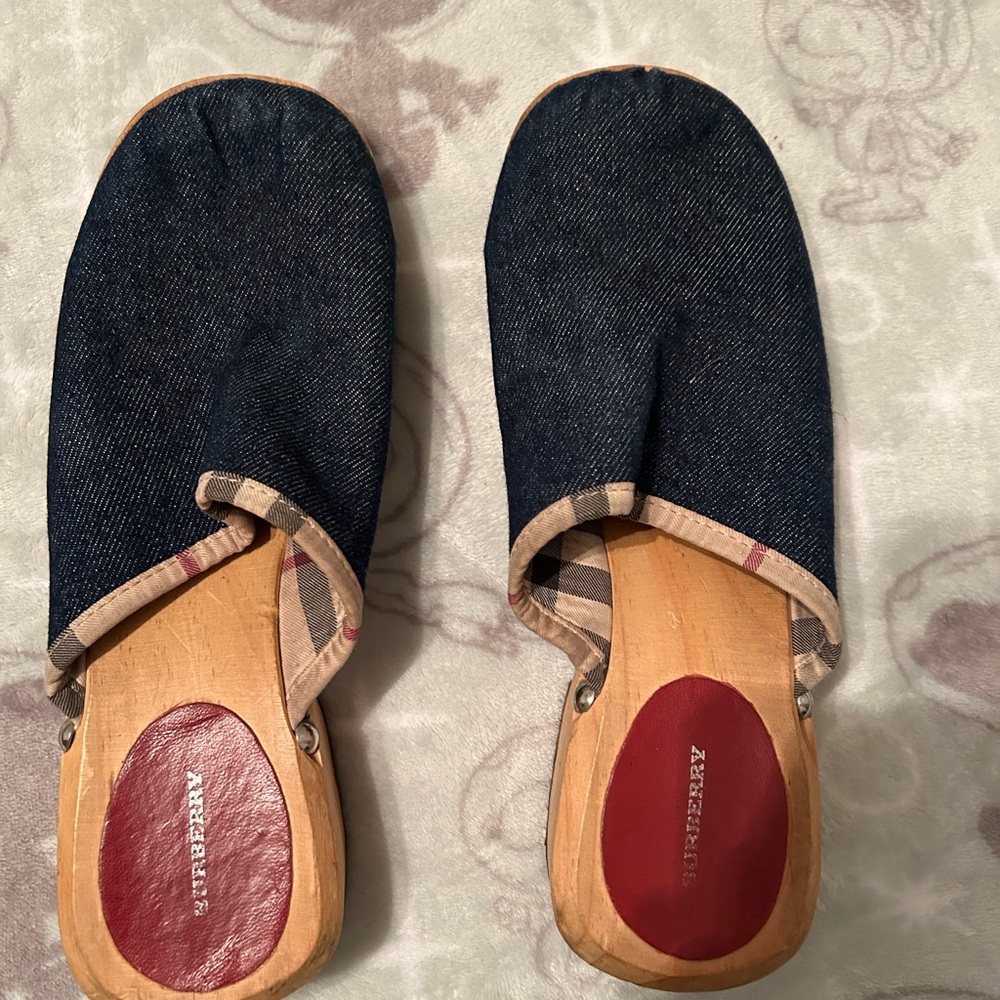 Burberry Denim and Wood Clogs